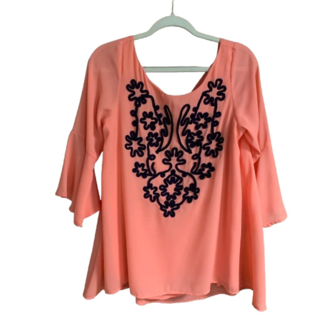 Judith March Rope Embroidered Women's Large 3/4 Bell Sleeves Blouse Top GUC
